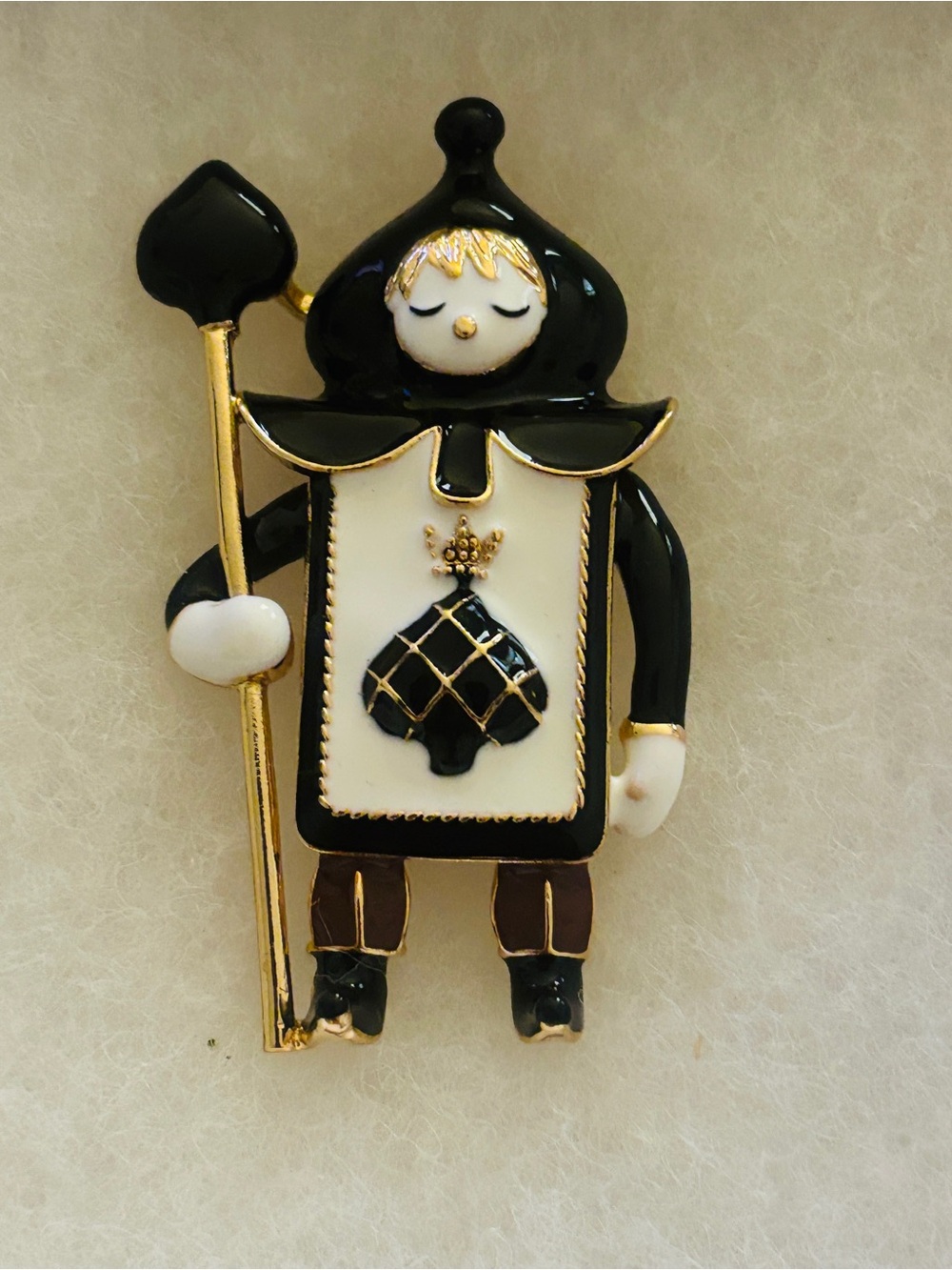 Black and White Enamel Harlequin Soldier Brooch with Gold Accents